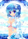  1girl :d bandeau blue_eyes blue_hair breasts cleavage detached_sleeves dress flower front-tie_top half_updo konno_kengo navel open_mouth original petals rose smile tagme water white_rose 