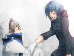  1boy 1girl animal_hood blue_hair coat etsusa_oohashi gime holding_hands hood kirino_yua nejiro_kanata scarf short_hair 