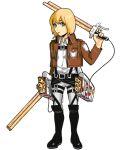  1boy armin_arlert belt blonde_hair blue_eyes bob_cut boots cropped_jacket food food_in_mouth food_themed_clothes full_body jacket joey_joey_joey knee_boots long_sleeves looking_at_viewer male over_shoulder pants pocky shingeki_no_kyojin short_hair snack standing thigh_strap three-dimensional_maneuver_gear weapon weapon_over_shoulder white_background 