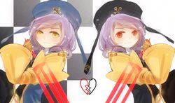  2girls alternate_color broken_heart checkered checkered_background dlanor_a_knox drill_hair dual_persona eiserne_jungfrau emon11 hat heart multiple_girls purple_hair red_eyes smile sword umineko_no_naku_koro_ni weapon yellow_eyes 