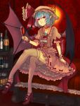  1girl ascot bat_wings blue_hair brooch choker collarbone couch crossed_legs cup dress high_heels jewelry looking_at_viewer panzer petticoat pink_dress pink_legwear pointy_ears puffy_sleeves red_eyes red_string remilia_scarlet shelf shoes short_sleeves sitting smile solo string thigh-highs touhou wine wine_bottle wine_glass wings wrist_cuffs zettai_ryouiki 