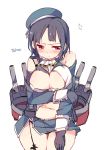  1girl black_gloves black_hair blush breasts garter_straps gloves hat kantai_collection large_breasts looking_at_viewer personification red_eyes seed_teitoku short_hair simple_background solo takao_(kantai_collection) torn_clothes white_background 