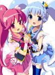  2girls aino_megumi blue_eyes blue_hair blue_legwear blush crown cure_lovely cure_princess happinesscharge_precure! holding_hands homing_(areya) long_hair looking_at_viewer magical_girl multiple_girls open_mouth pink_eyes pink_hair ponytail precure shirayuki_hime simple_background skirt thighhighs twintails white_background 