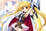  1girl armpits bardiche bare_shoulders belt blonde_hair blush buckle cape endori fate_testarossa hair_ribbon long_hair lyrical_nanoha magical_girl mahou_shoujo_lyrical_nanoha mahou_shoujo_lyrical_nanoha_a&#039;s mahou_shoujo_lyrical_nanoha_the_movie_2nd_a&#039;s open_mouth red_eyes ribbon skirt smile solo sword thigh-highs twintails very_long_hair weapon zoom_layer 