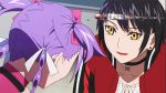  2girls amber_eyes animated animated_gif black_hair blue_eyes blush bow braid bullet bullet_time cheek_kiss hair_bow kiss lowres multiple_girls purple_hair quad_tails short_hair sudou_cecil sweat tentou_moyo time_stop twin_braids wizard_barristers:_benmashi_cecil 
