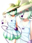  1girl 7ban alternate_costume dress floral_print green_eyes green_hair hand_on_hat hat hat_ribbon heart heart-shaped_pupils komeiji_koishi looking_at_viewer open_mouth ribbon sleeveless sleeveless_dress smile solo straw_hat sundress symbol-shaped_pupils third_eye touhou white_dress wrist_ribbon zoom_layer 