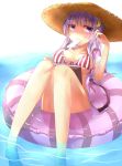  1girl bikini book breasts crescent hat innertube long_hair mouth_hold open_book patchouli_knowledge popsicle purple_hair ram_hachimin solo swimsuit touhou vertical-striped_bikini vertical_stripes violet_eyes 