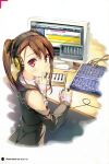  1girl absurdres brown_hair detached_sleeves headphones highres instrument jacket kantoku keyboard_(instrument) monitor mouse ponytail red_eyes synthesizer table 