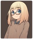  1girl blonde_hair blue_eyes blush bust glasses highres looking_at_viewer original oza_watto short_hair simple_background smile solo 