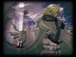  1boy belt blonde_hair blue_eyes boots castlevania castlevania:_lament_of_innocence coat dragonrose elbow_gloves fingerless_gloves forest full_moon gloves hood_down leon_belmondo male moon moonlight nature night short_hair solo surcoat whip 