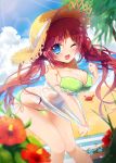  1girl amamine bikini blue_eyes blush breasts crab flower hat leaning_forward long_hair open_mouth original redhead revision side-tie_bikini smile solo sun_hat swimsuit twintails wink 