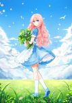  1girl apron bird blue_eyes bouquet dress flower grass highres long_hair original pink_hair samizuban shoes sky smile socks solo 