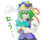  1girl 2013 arai_(piyohiko_kt) arm_ribbon blue_eyes blush_stickers book green_hair hand_on_own_face hat hat_ribbon high_collar juliet_sleeves long_sleeves open_book outline pen puffy_sleeves ribbon shiki_eiki short_hair simple_background skirt solo squiggle sweatdrop touhou vest white_background 