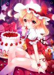  1girl blonde_hair blush cake cream eating flandre_scarlet food fruit hat highres looking_at_viewer no_pants panties paragasu_(parags112) pink_legwear red_eyes red_panties side-tie_panties side_ponytail sitting solo strawberry stuffed_animal stuffed_toy teddy_bear thighhighs touhou underwear wings wrist_cuffs 