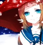  1girl aqua_eyes brown_hair long_hair mukaido_manaka nagi_no_asukara ru-15 sailor_dress school_uniform smile snow solo umbrella 