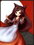  1girl amanojaku animal_ears brooch brown_hair dress fang fingernails full_moon highres imaizumi_kagerou jewelry long_fingernails long_hair long_sleeves moon open_mouth red_eyes smile solo touhou wolf_ears 