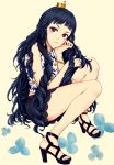  1girl blue_hair bracelet high_heels jewelry legs long_hair red_eyes sandals sei-teki shoes sitting skirt solo very_long_hair 