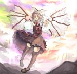  1girl :d bowtie brown_dress brown_legwear dress flying full_body hat highres long_sleeves mystia_lorelei open_mouth outstretched_hand petticoat pink_eyes pink_hair po._(medamaoyazi) puffy_long_sleeves puffy_sleeves short_hair singing smile thighhighs touhou wings zettai_ryouiki 