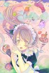  1girl :d ame_yamori apron bird bow brown_eyes brown_hair bubble crepe floating_hair hair_bow interlocked_fingers long_hair love_live!_school_idol_project macaron maid maid_headress minami_kotori open_mouth parfait smile solo submerged 