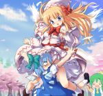  3girls ascot between_legs blonde_hair blue_eyes blue_hair blue_sky blush bow capelet cherry_blossoms cherry_print cirno clouds daiyousei fairy_wings green_hair hair_bow hakkotsu_shitai hat hat_bow ice ice_wings lily_white long_hair long_sleeves multiple_girls o_o open_mouth panties print_panties puffy_sleeves shirt short_sleeves skirt skirt_set sky tears touhou tree underwear very_long_hair wings 