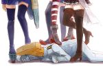  1boy 4girls admiral_(kantai_collection) black_legwear boots commentary kaga_(kantai_collection) kantai_collection kongou_(kantai_collection) multiple_girls naval_uniform personification pleated_skirt shimakaze_(kantai_collection) skirt spark_(sandro) striped striped_legwear takao_(kantai_collection) thigh_boots thighhighs zettai_ryouiki 
