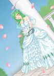  1girl absurdres alternate_costume bare_shoulders blue_sky blush bouquet bow breasts bride cleavage collarbone dress dutch_angle flower frills frog_hair_ornament green_hair hair_bow hair_ornament highres kochiya_sanae long_hair looking_at_viewer open_mouth petals pillar railing rose shintani_masaki sky solo star strapless_dress touhou tree veil wedding_dress white_rose wind yellow_eyes 