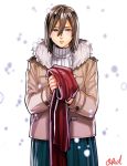  1girl blurry blush brown_eyes brown_hair contemporary depth_of_field expressionless fur_trim highres jacket joey_joey_joey looking_at_viewer mikasa_ackerman open_mouth scarf shingeki_no_kyojin short_hair skirt snow snowing solo turtleneck white_background winter_clothes 