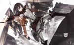  1girl black_hair mikasa_ackerman scarf shingeki_no_kyojin solo sword three-dimensional_maneuver_gear weapon 