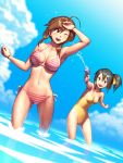  2girls ahoge bikini black_eyes black_hair blue_eyes brown_hair happy highres long_hair multiple_girls navel ocean original short_hair side_ponytail sky swimsuit water_gun yoshikawa_hazure 