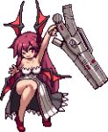  1girl armored_core bare_legs bare_shoulders breasts cleavage dress head_wings koakuma kuresento long_hair looking_at_viewer pixel_art red_eyes redhead simple_background smile solo strapless_dress touhou weapon white_background wings 