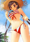  1girl :o abondz absurdres bikini blush brown_eyes brown_hair clouds dutch_angle front-tie_top hat highres lens_flare long_hair original palm_tree side-tie_bikini sky solo striped striped_bikini striped_swimsuit swimsuit tree 