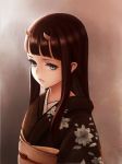  1girl bangs black_hair blunt_bangs bust hime_cut horns japanese_clothes kimono long_hair obi original payot sashimi_(adam026) solo 