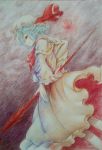  1girl beruko_(rladustns50) blue_hair colored_pencil_(medium) dress dutch_angle full_moon hat highres moon red_eyes remilia_scarlet short_hair side side_glance solo spear_the_gungnir touhou traditional_media wings 