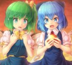  2girls blue_eyes blue_hair blush bow chintara cirno clenched_hands daiyousei dragon_ball dragon_ball_(object) fairy_wings fang green_eyes green_hair hair_bow highres multiple_girls open_mouth ribbon short_hair side_ponytail smile touhou wings 