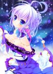  1girl blue_eyes breasts cleavage crescent_moon detached_collar dress hair_ornament hairclip hand_on_own_chest konno_kengo long_sleeves moon off_shoulder purple_hair star 