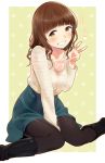  1girl black_legwear blush boots brown_eyes brown_hair character_request heart long_hair looking_at_viewer pantyhose real_life sitting smile solo translation_request v wariza zpolice 