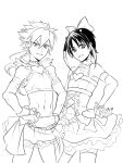  2boys bow corset crossdressinging dress frilled_dress frills hair_bow hair_ornament hakuryuu_(inazuma_eleven) heart long_hair male midriff monochrome multiple_boys navel panty_&amp;_stocking_with_garterbelt panty_(psg) panty_(psg)_(cosplay) short_hair shuu_(inazuma_eleven) simple_background skirt stocking_(psg) stocking_(psg)_(cosplay) white_background zuwai_kani 