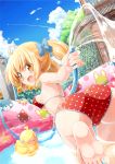  1girl ahoge airplane ass barefoot bikini blonde_hair blush breasts clouds condensation_trail fang highres hose looking_back naka_akira open_mouth original polka_dot polka_dot_bikini polka_dot_swimsuit rubber_duck short_hair short_twintails side-tie_bikini sky solo strap_gap swimsuit twintails wading_pool water yellow_eyes 