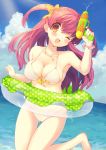  1girl barefoot beach bikini blush bow breasts cleavage hair_bow innertube jewelry kinoko long_hair necklace ocean open_mouth original red_eyes redhead short_twintails side-tie_bikini smile solo swimsuit thigh_gap twintails water water_gun wink 