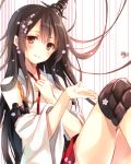  1girl bare_shoulders black_hair breasts detached_sleeves flower fusou_(kantai_collection) hair_flower hair_ornament japanese_clothes kantai_collection long_hair looking_at_viewer personification red_eyes smile solo toosaka_asagi 