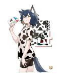  2021 absurdres animal_ear_fluff animal_ears animal_print bike_shorts black_hair blonde_hair chinese_zodiac cow_print deel_(rkeg) dog_ears dog_tail eyebrows_visible_through_hair from_side grin highres looking_at_viewer milk multicolored_hair original short_hair shorts simple_background smile tail thick_eyebrows white_background year_of_the_ox 