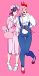  2girls blue_overalls bow character_request check_character dress full_body hair_bow hello_kitty hello_kitty_(character) higashiyama_kobeni highres horns kanitumuri leg_up long_hair long_sleeves multiple_girls pink_background pink_dress pink_hair power_(chainsaw_man) puffy_long_sleeves puffy_sleeves red_bow red_eyes red_footwear red_horns red_nails sailor_collar simple_background standing sweater v very_long_hair white_sailor_collar white_sweater 