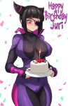  1girl birthday birthday_cake black_bodysuit black_eyepatch black_hair blush bodysuit breasts cake commentary desert drill_hair english_commentary expressionless eyepatch fingerless_gloves food fruit gloves han_juri highres holding holding_plate jmg large_breasts one-eyed pink_eyes plate purple_bodysuit purple_nails sidelocks strawberry street_fighter street_fighter_v thighs twin_drills white_background 