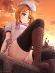  1girl beret black_legwear blue_eyes blush boots bow bowtie breasts brown_footwear commentary_request cross-laced_footwear dress from_below hat highres higurashi_no_naku_koro_ni knee_boots knee_up krisyyy looking_at_viewer looking_down medium_breasts medium_hair open_mouth orange_hair outdoors panties parted_lips purple_bow ryuuguu_rena skindentation solo sunset thigh-highs thighs underwear upskirt white_dress white_headwear white_panties 