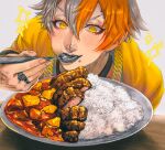  1boy blackstar_-theater_starless- curry eating food grey_hair hair_between_eyes izumamu_03 jewelry leaning_forward lip_piercing male_focus multicolored_hair necklace orange_eyes orange_hair piercing rice ring solo spoon two-tone_hair 