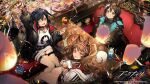  3girls amiya_(arknights) angelina_(arknights) animal_ears arknights black_hair brown_hair chinese_commentary closure_(arknights) coffee coffee_cup commentary_request cup disposable_cup drinking_glass fangs fox_ears fox_girl jewelry juice lantern milkshake multiple_girls nozaki_tsubata official_art one_eye_closed paper_lantern rabbit_ears rabbit_girl rhodes_island_logo ring thumb_ring vampire 