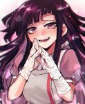  1girl :d apron bandaged_arm bandages bangs blunt_bangs blush breasts commentary_request dangan_ronpa_(series) dangan_ronpa_2:_goodbye_despair gloves hands_up large_breasts long_hair looking_at_viewer medium_breasts messy_hair mole mole_under_eye open_mouth pink_shirt puffy_short_sleeves puffy_sleeves purple_hair shirt short_sleeves sk816 smile solo tsumiki_mikan upper_body white_apron white_gloves 