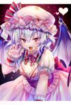  1girl :d absurdres back_bow bat_wings bow bowtie breasts center_frills claw_pose dress eyebrows_visible_through_hair fangs frills hair_between_eyes hand_up hat hat_bow heart here_(hr_rz_ggg) highres leaning_forward letterboxed looking_at_viewer medium_breasts mob_cap multicolored_bow open_mouth outside_border pink_dress pink_eyes pink_headwear pink_nails puffy_short_sleeves puffy_sleeves purple_hair red_bow red_sash remilia_scarlet sash short_hair short_sleeves smile solo touhou tsurime v-shaped_eyebrows wavy_hair wings wrist_cuffs 