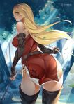  1girl absurdres arrow_(projectile) artist_name ass bare_shoulders black_legwear blonde_hair character_name commission copyright_name d._joko dark_skin dress fire_emblem fire_emblem:_the_binding_blade forest highres igrene_(fire_emblem) leaf long_hair looking_at_viewer looking_back mole mole_under_eye nature outdoors panties pantylines red_dress short_dress side_slit smile solo tan underwear white_panties yellow_eyes 