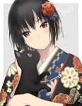  1girl 2021 amagami bangs black_eyes black_hair cat eyebrows_visible_through_hair flower hair_flower hair_ornament head_tilt highres japanese_clothes kimono nanasaki_ai petting serizawa_(serizawaroom) smile solo two-tone_background upper_body 